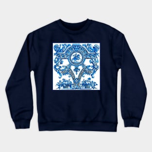 Dutch Blue Delft Parrots Cherubs Fruit Baskets and Horse and Rider Print Crewneck Sweatshirt